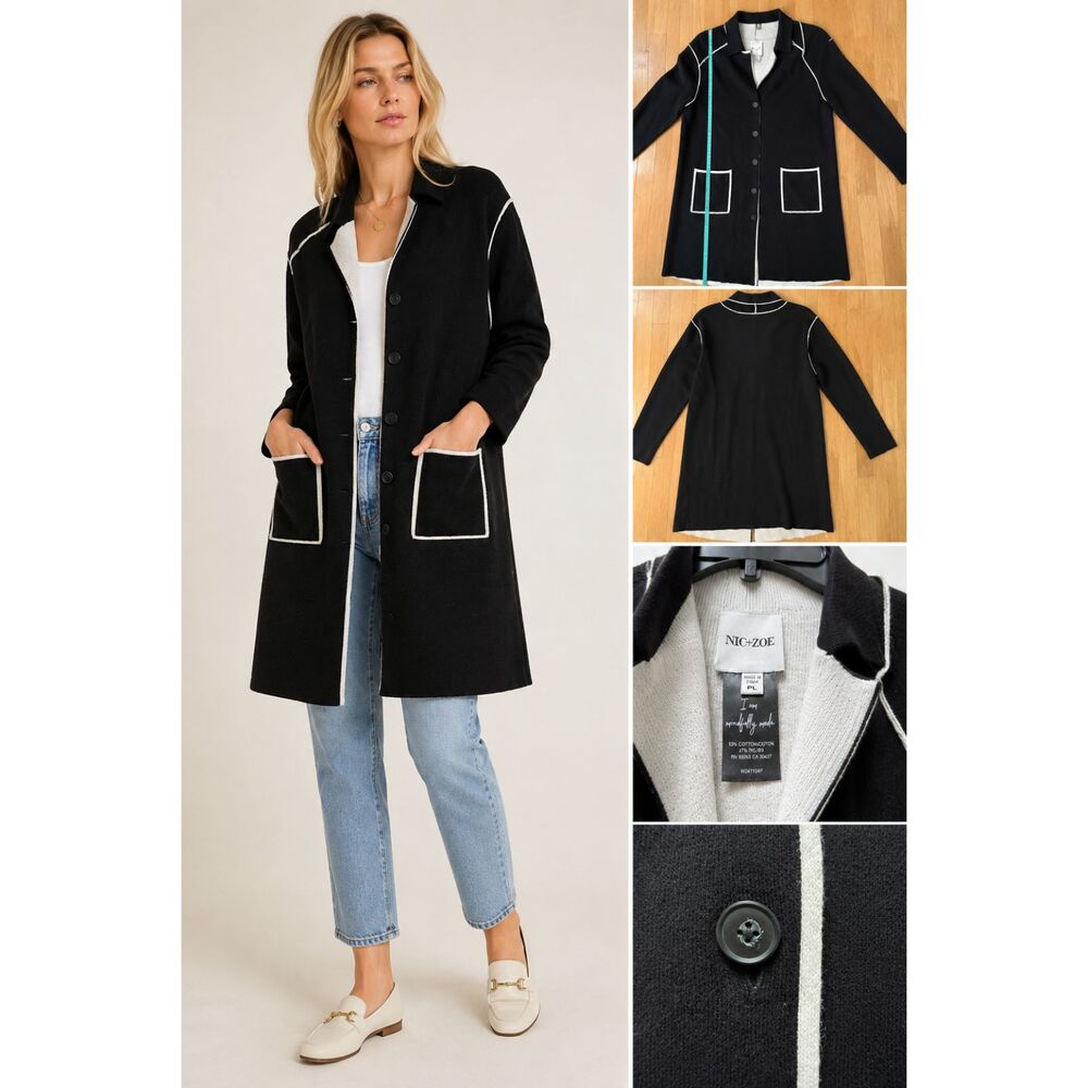 NIC+ZOE Evening Chill Reversible Long Cardigan Jacket Black Ivory Petite L